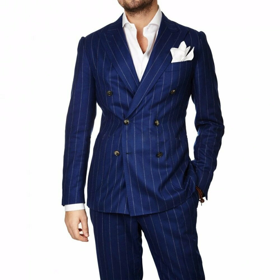 Blue Pinstriped Italian Silk Wool Suit