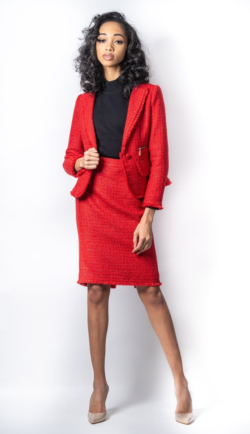 Red Silk Tweed Skirt Suit